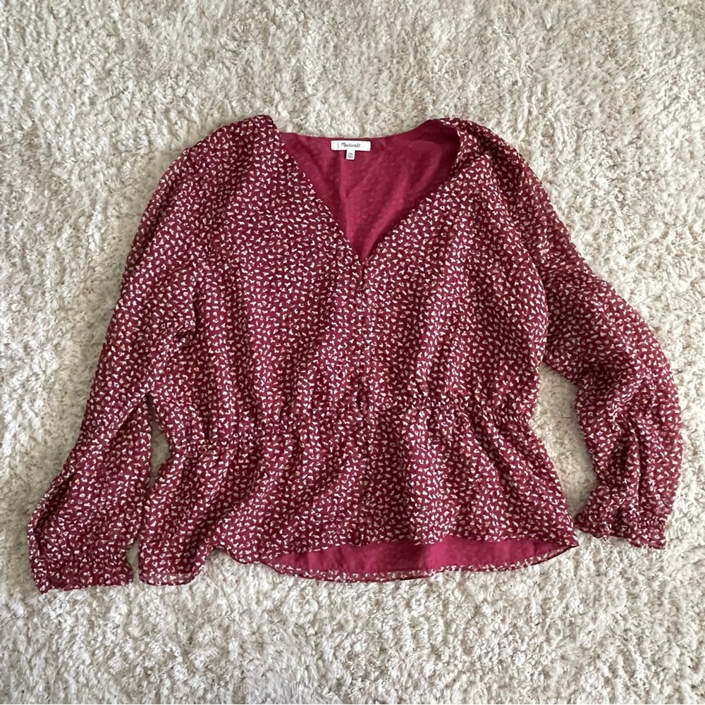 Red floral v neck button peplum blouse